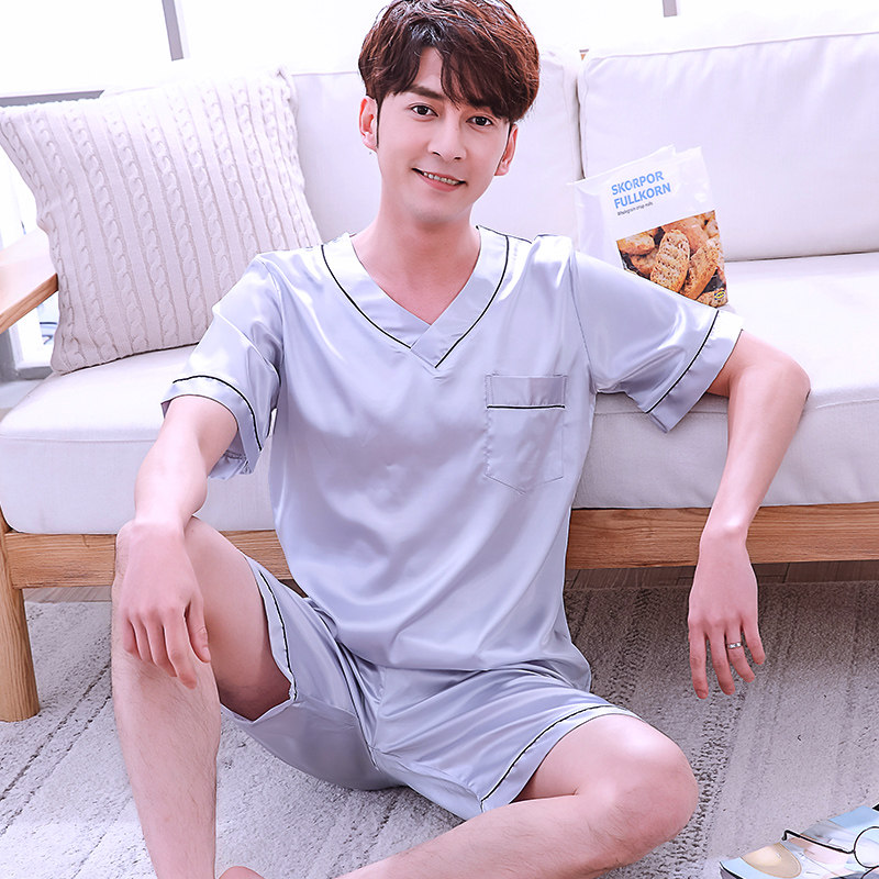 Men's pajamas imitation silk Korean version thin ice silk home clothes five-point pants pullover suit summer short sleeves