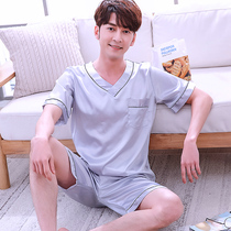Mens pyjamas emulated Silk Korean version of thin section Ice Silk Home Pants Jacket Head Suit Summer Short Sleeves