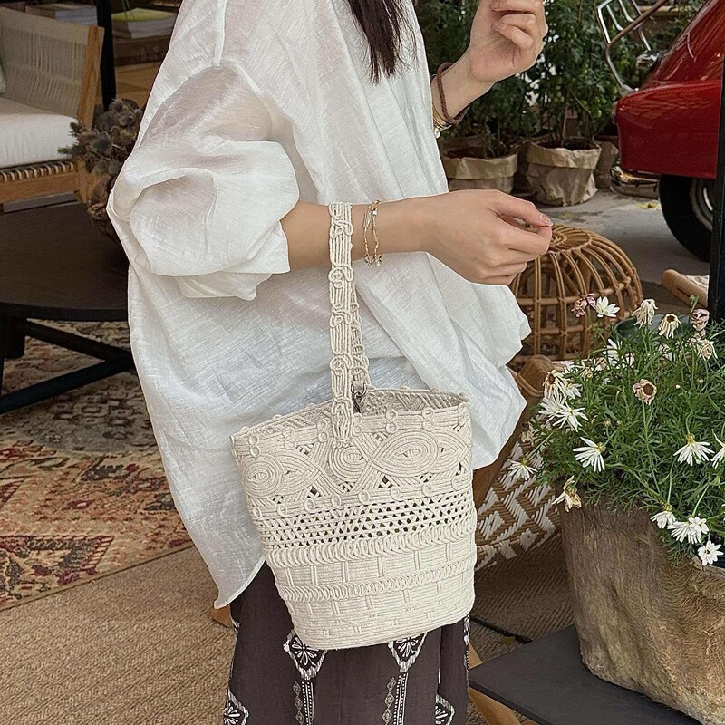 Handmade Crochet Island Cotton Small Bucket Bag, Small-Sized Bag with Large Capacity, Casual Vacation Style Handbag and Shoulder Bag