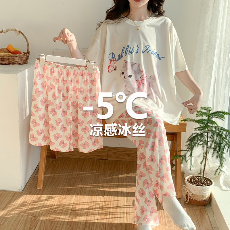 Cute Cat Pajamas for Women, Summer Ice Silk Three-Piece Set, Cartoon Student Pullover Short-Sleeved Set for Plus-Size Women, Loungewear