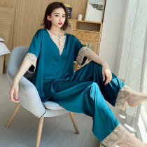 Fat Mm Big Code Pyjamas Woman 200 catty Summer Thin Ice Silk Short Sleeve Lace Lace Emulated Silk Home Suit Suit