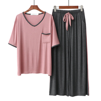 Plus Size Pajamas Women 200 Jin Summer Two-piece Modal Loose Short Sleeve ankle-length pants Home Clothing Fat mm230 Jin