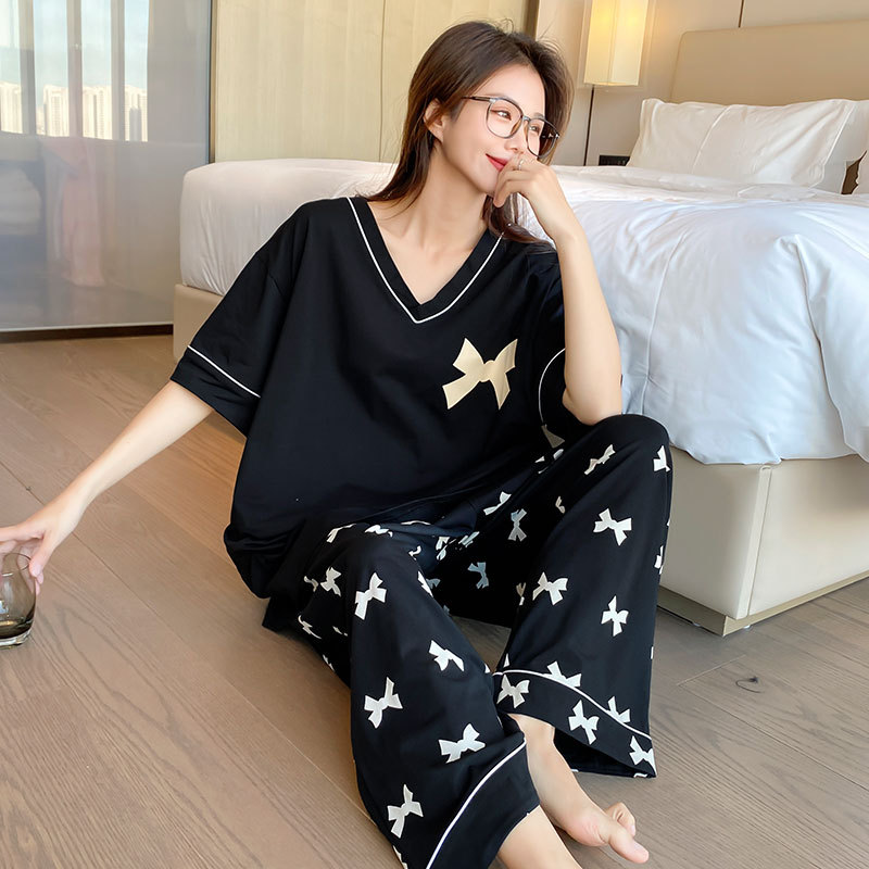 Summer Plus-Size Pajamas for Women 100kg Pure Cotton Loose Casual Loungewear for Chubby Ladies Short-Sleeved Long Pants Can Be Worn Outside