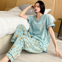 Summer large yard pure cotton pyjamas woman 200 catty loose V collar short sleeve long pants plus fattening up fat mm home suit suit