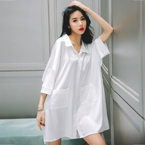 Large size ice silk nightdress women 200kg loose thin summer simulation silk long white shirt silk pajamas fat m