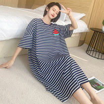 Fat Mm Big Code Sleeping Dress Woman 200 catty Summer medium long section Striped Pure Cotton One-piece Dress Gfatter Plus Size Home Skirt