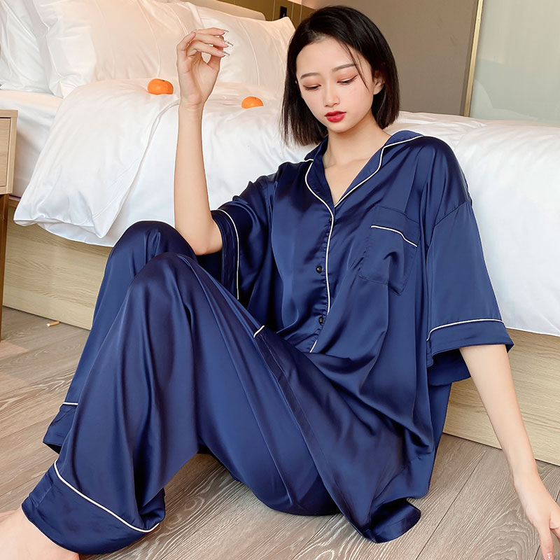 Ice silk large size pajamas women's spring and autumn thin short-sleeved trousers two-piece suit fat mm200 catties loose silk home service