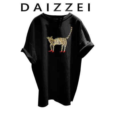 DAIZZEI~ Leopard Print short-sleeved T-shirt for women's summer new mid-length pure cotton loose casual half-sleeved top, trendy