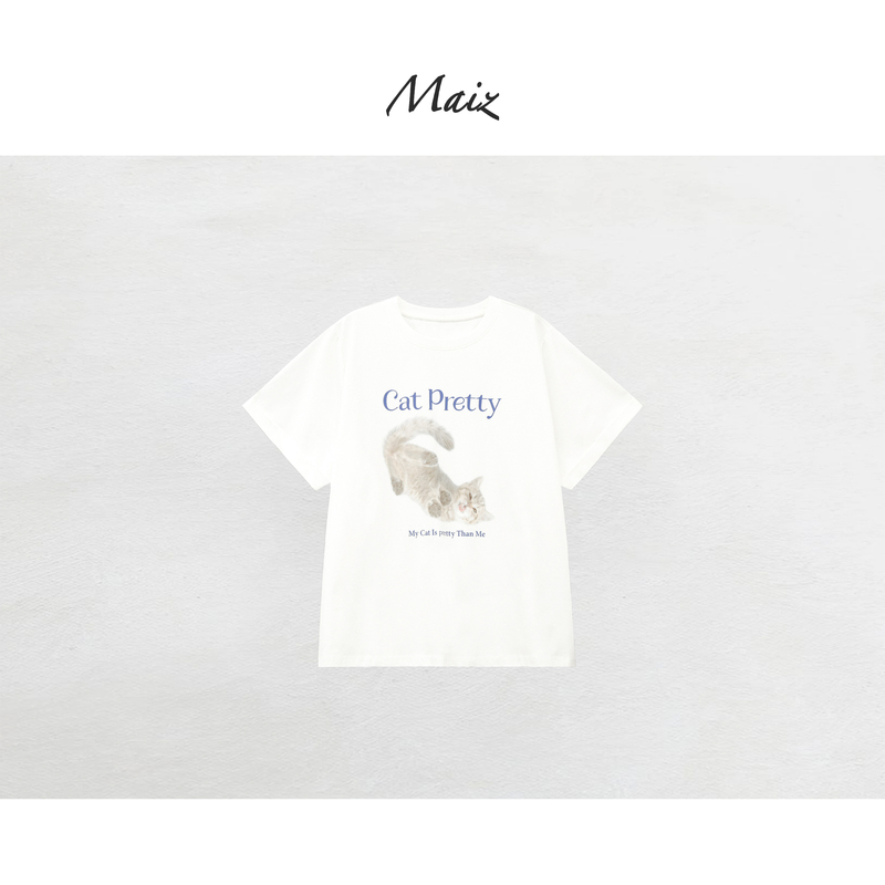 Zheng Maimai's Sassy Little Cat T-Shirt, New Spring/Summer Style, Niche Versatile Simple Cartoon Print Casual Loose Short-Sleeve for Women