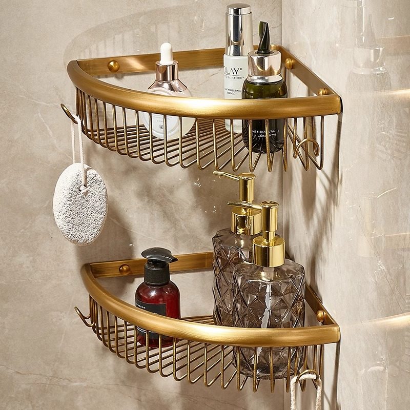 French-Style Vintage All-Copper Bathroom Triangular Shelf, Double-Layer Corner Basket for Shower Room, No Drilling Required French-Style Vintage All-Copper Bathroom Triangular Shelf, Double-Layer Corner Basket for Shower Room, No Drilling Required