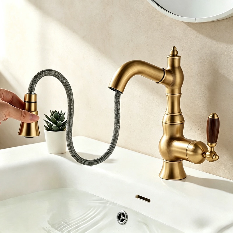Vintage Style Pull-Out Washbasin Faucet, All-Copper Hot and Cold Water Faucet for Bathroom Vanity, French Retro Faucet