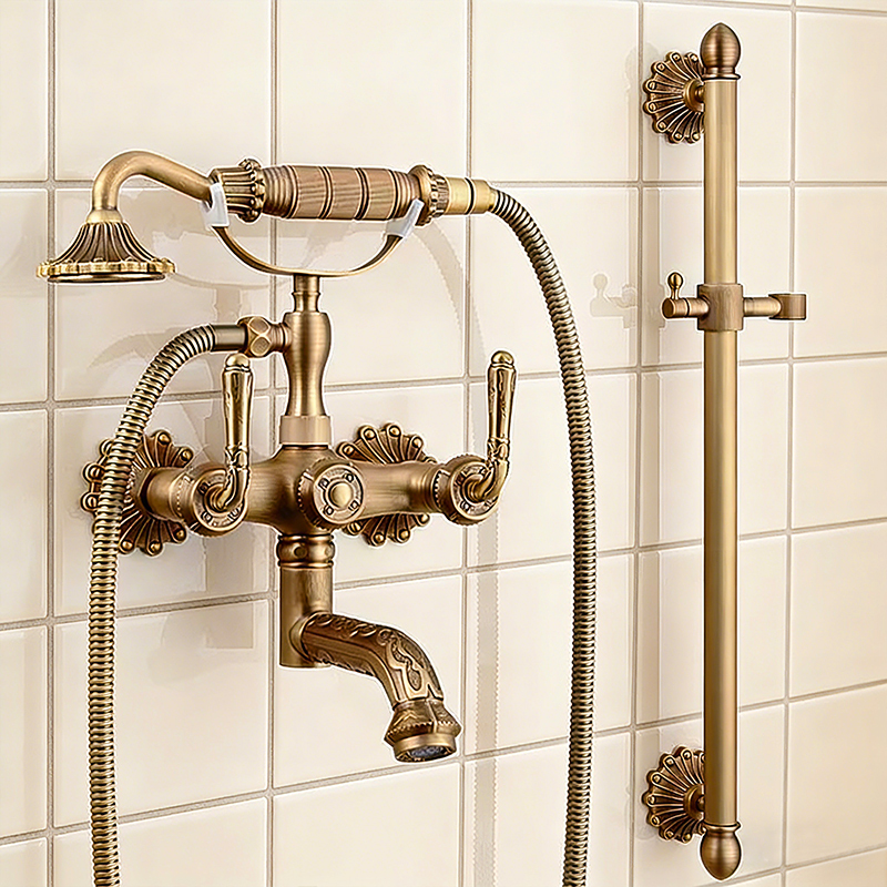 Medieval-Style Retro Small Apartment Shower Set for Home Use, Topless Spray, Pressurized, All-Copper Antique Bathtub Faucet