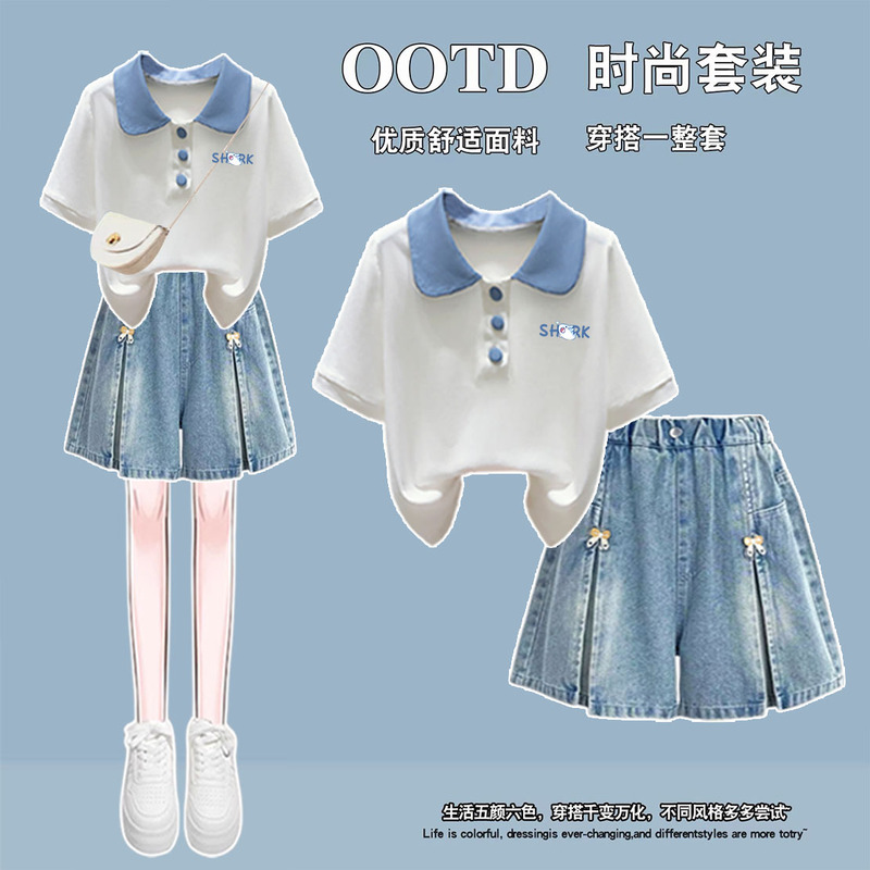 Summer and Autumn Casual Outfit for Girls, Elementary School Students, and Older Children, Polo Collar Short-Sleeved T-Shirt + Denim Shorts Two-Piece Set for Girls
