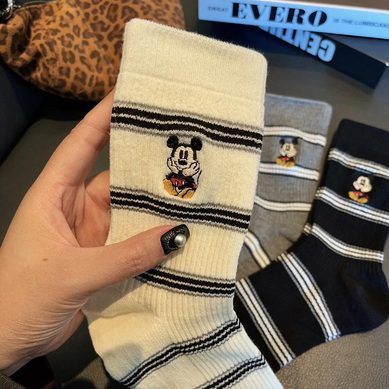 Embroidered Mickey Socks for Women, Mid-Calf Socks, Autumn and Winter Trendy Versatile Pure Cotton Socks, Black and White Striped Korean Dongdaemun Long Socks