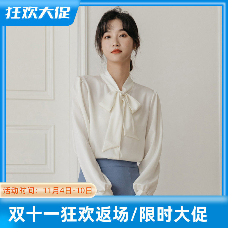JOLIMENT bow white chiffon shirt women's 2022 autumn new fashion all-match bubble long-sleeved top