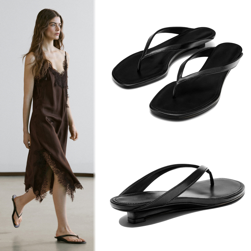 Sheepskin Black Flip-Flops for Women, Summer Outerwear, High-End Slippers, Wedge Heel, Low Heel, Square Toe, Open Toe, Thong Sandals