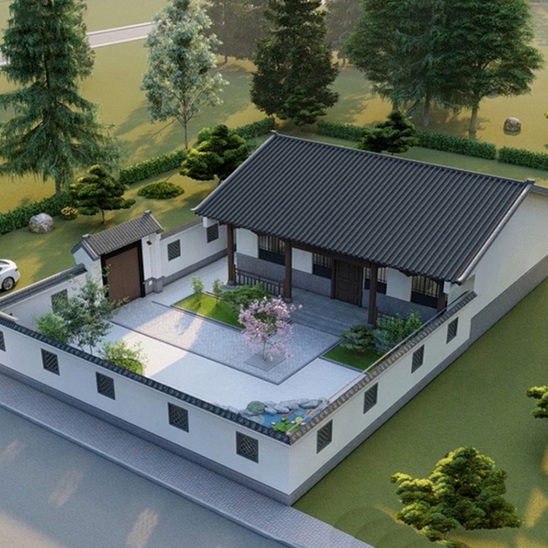 Design Drawings for a One-Story Villa in a New Rural Area, Simple and Economical European-Style Country House with a Yard Construction Plan