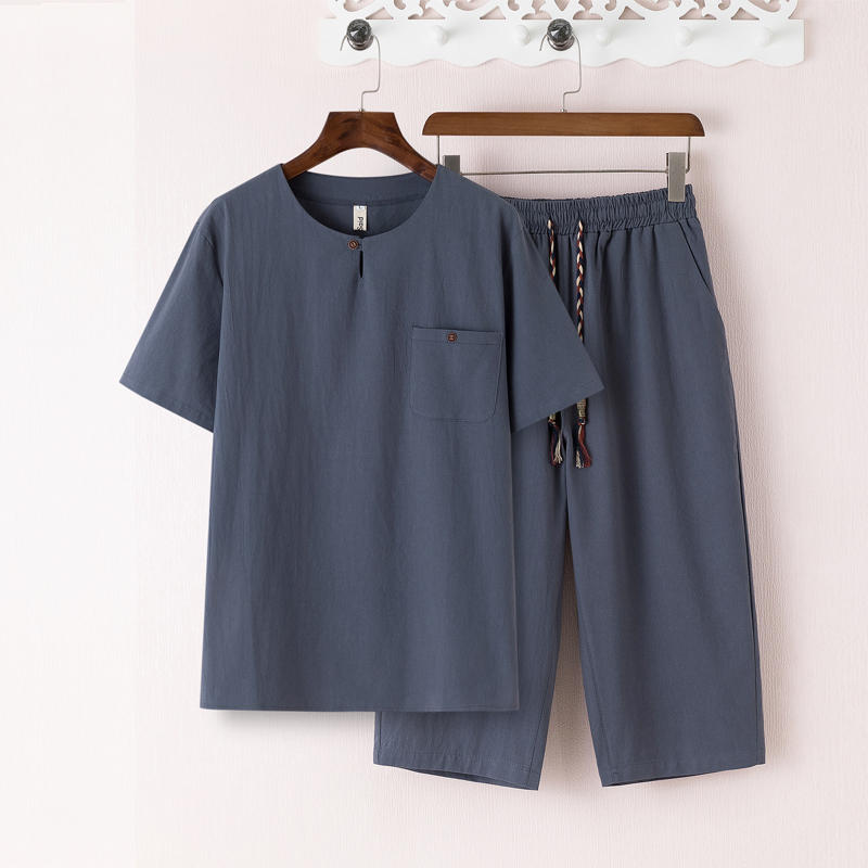Summer Middle-Aged Men's Linen Suit, Loose-Fitting Dad's Summer Outfit, Short-Sleeved Middle-Aged and Elderly Grandfather's Cotton-Linen Set with Three-Quarter Pants