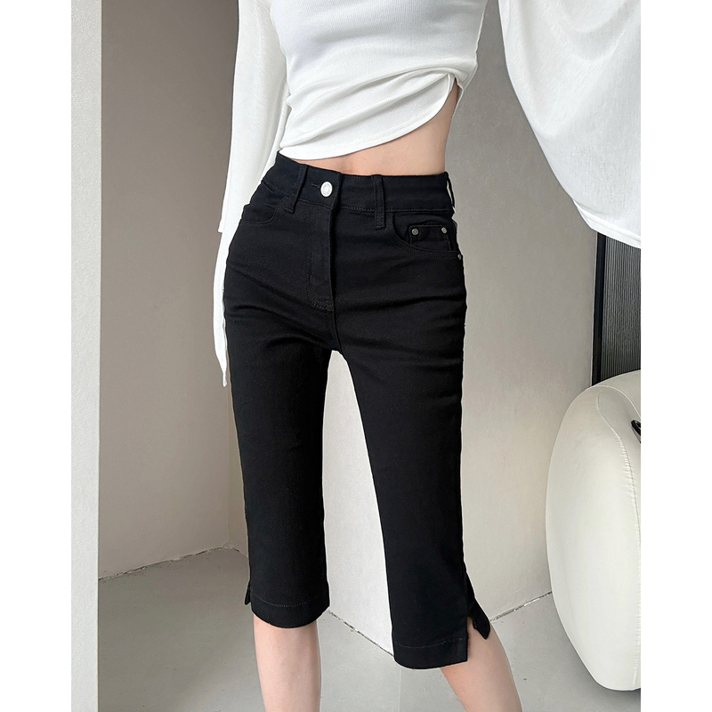 Miancun Kendall Jenner Style Capri Pants High-Waisted Slimming Side Slit Stretchy Tight-Fitting Cropped Jeans for Women