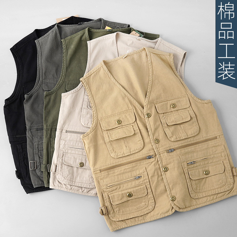 Japanese Retro American Casual Multi-Pocket Workwear Cotton Vest Outdoor Fisherman Jacket Sleeveless Loose Vest V-Neck