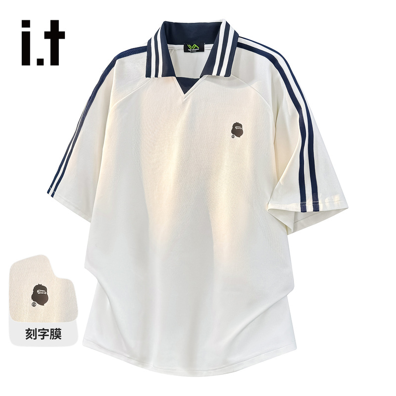 It Fingercroxx College Style Short-Sleeved T-Shirt Men's Summer Polo Collar Striped Half-Sleeve T-Shirt Top
