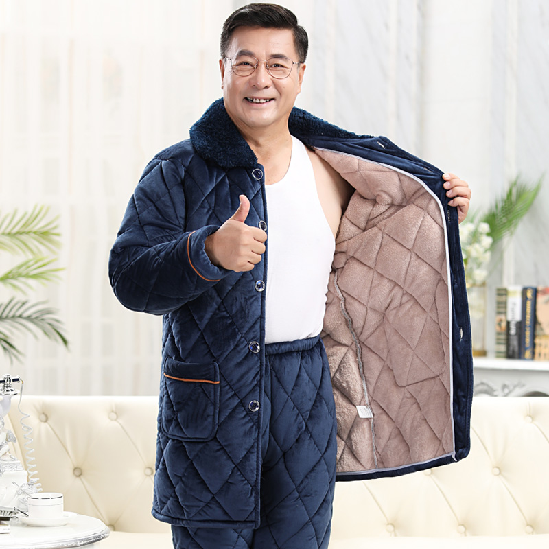 Men's pajamas coral fleece cotton winter thickened plus plush middle-aged and elderly dad warm set homewear autumn and winter