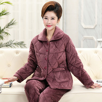 Autumn and winter middle-aged three-layer thickened velvet coral velvet cotton pajamas female flannel home clothing set