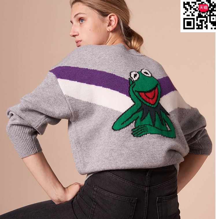 French Sandro Ma Sichun Celebrity-Inspired Big-Eyed Frog Cute Animal Knit 100% Wool Pullover Sweater