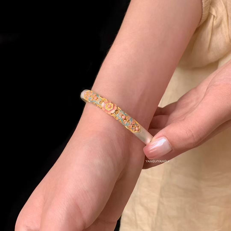 Traditional Pure Silver Bracelet for Women, 9999 Gold-Painted with Auspicious Words, Solid Enamel Cat Paw Design, New Chinese Style, Gift for Girlfriend