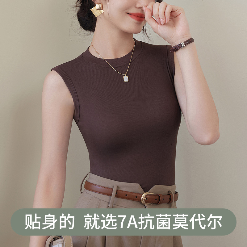 Modal Sleeveless Round Neck Base Shirt for Women, Suitable for Outerwear in Spring and Autumn, Slim Fit, Short-Sleeved, Simple and Casual Top