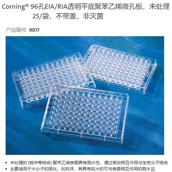 过效期特价Corning 96孔酶标板 未处理表面不可拆无盖 非灭菌9017