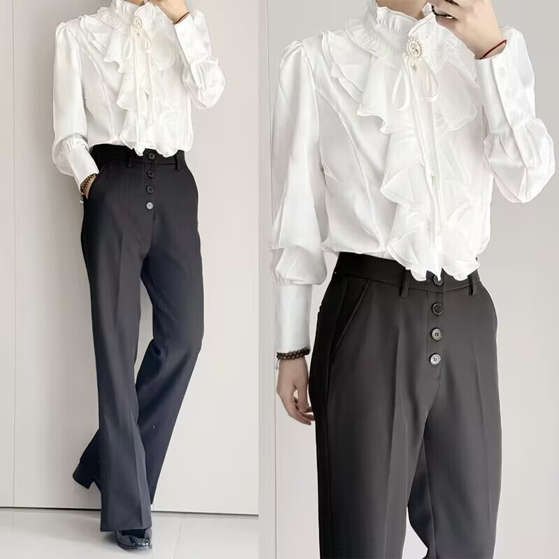 Dark French Court Style Retro Stand-Up Collar Ruffled Long-Sleeved Shirt for Men, Unisex Style Ribbon Design Shirt