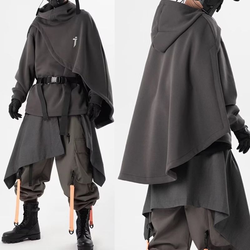 Jiye Heavy Industries Autumn and Winter Functional Style Heavyweight Turtleneck Cape Sweatshirt for Men and Women, Hooded Fake Two-Piece Pullover Cloak Jacket