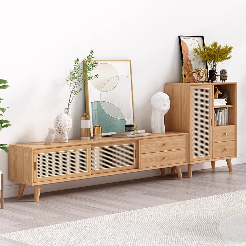 Solid Wood Tv Cabinet for Living Room, Simple Modern Nordic Style, Small Apartment, Fully Equipped, Floor-Standing Rattan Woven Japanese-Style Natural Wood Tv Cabinet Solid Wood Tv Cabinet for Living Room, Simple Modern Nordic Style, Small Apartment, Fully Equipped, Floor-Standing Rattan Woven Japanese-Style Natural Wood Tv Cabinet