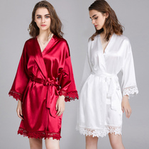 Sexy pajamas women summer thin ice silk thick nightgown in the long private room night dress red bride wedding morning gown wedding
