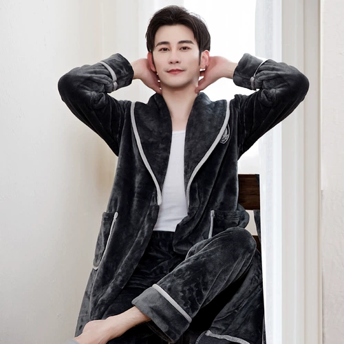 Демисезонная коралловая бархатная флисовая пижама, удерживающий тепло фланелевый зимний лонгслив, кардиган, комплект, увеличенная толщина, мужской стиль, большой размер