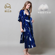 Sexy sling night dress two-piece suit with breast pad thin ice silk pajamas Summer nightgown womens spring and autumn long morning gown