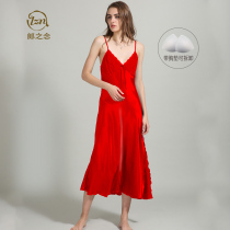 Sling pajamas women summer ice silk slim long night dress red this years newlywed wedding dress split with breast pad