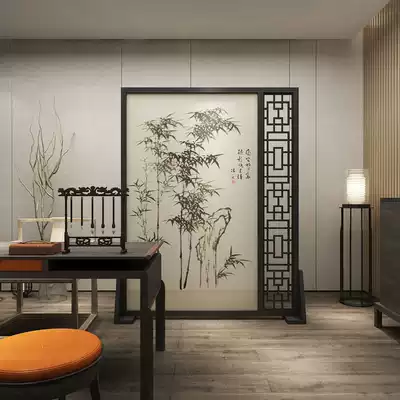 New Chinese screen partition porch living room study office Hotel solid wood decoration mobile half-through ink bamboo seat screen