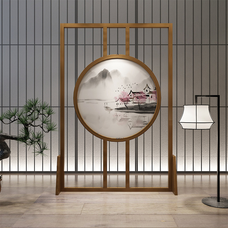 Modern Chinese screen partition living room dining room bedroom solid wood simple hollowed out circular landscape mobile seat screen customization