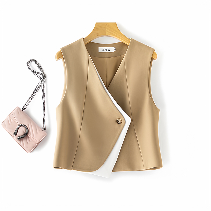 Khaki Design Patchwork Vest for Women, Outerwear for Spring 2026, New High-End Versatile Commuter Vest