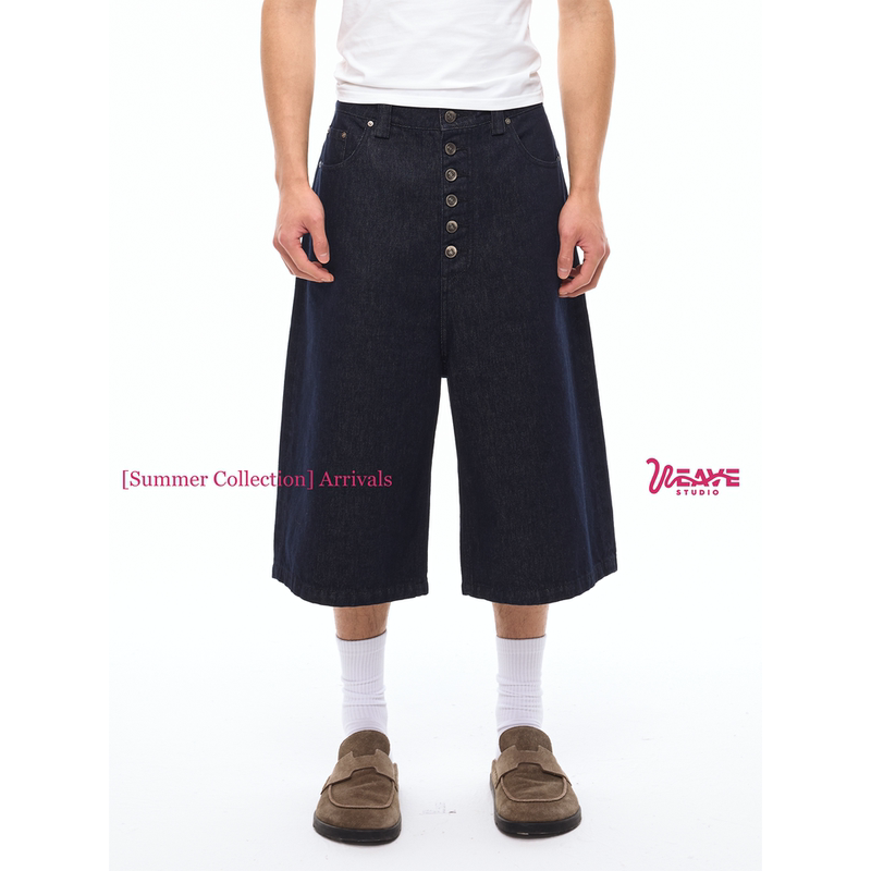 Weave Street Casual Blue and Black Raw Denim Shorts for Men and Women, Summer Casual Retro Loose Wide-Leg Cropped Pants Weave Street Casual Blue and Black Raw Denim Shorts for Men and Women, Summer Casual Retro Loose Wide-Leg Cropped Pants
