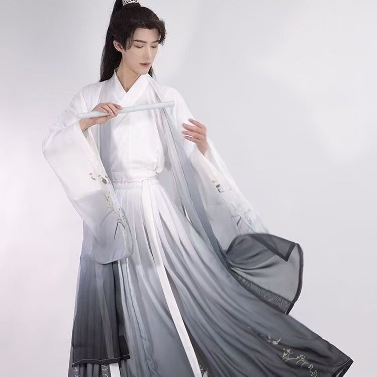 Wei and Jin Dynasty Style Men's and Women's Ancient Costume Set with Cross-Collar and Large Sleeves, Two-Tone Printed Heroic Performance Outfit Wei and Jin Dynasty Style Men's and Women's Ancient Costume Set with Cross-Collar and Large Sleeves, Two-Tone Printed Heroic Performance Outfit