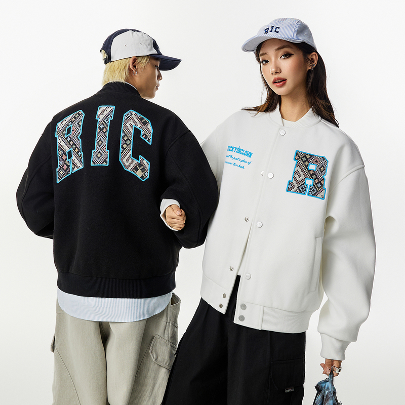 Ric Ethnic Style Baseball Jacket for Men, New Autumn Style, Trendy Brand, Loose Fit, Couple's Black American Baseball Jacket for Women