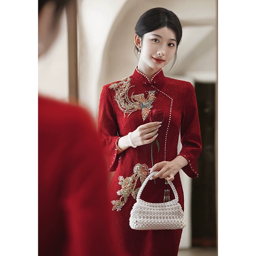 Красное ципао, вечернее платье, кружевное свадебное платье, китайский стиль, с вышивкой, крой «рыбий хвост»