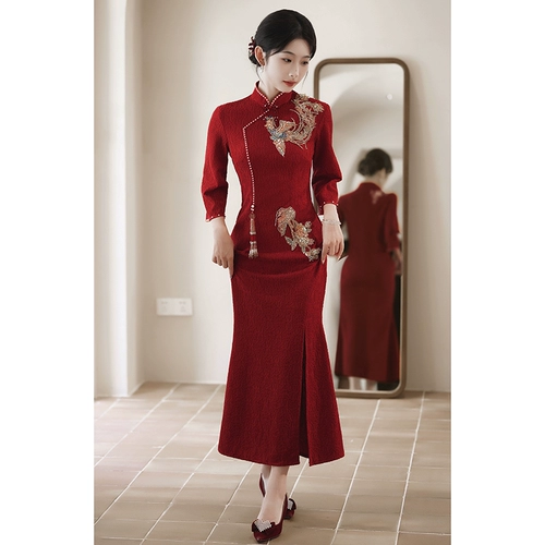 Красное ципао, вечернее платье, кружевное свадебное платье, китайский стиль, с вышивкой, крой «рыбий хвост»