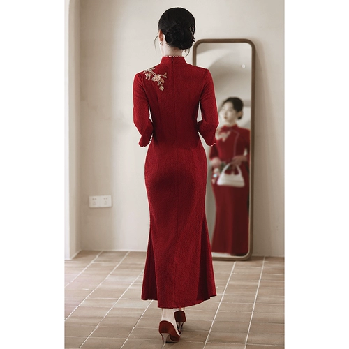 Красное ципао, вечернее платье, кружевное свадебное платье, китайский стиль, с вышивкой, крой «рыбий хвост»