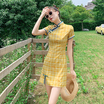Plaid cheongsam young girl small modern improved version sweet Chinese style dress yellow short summer