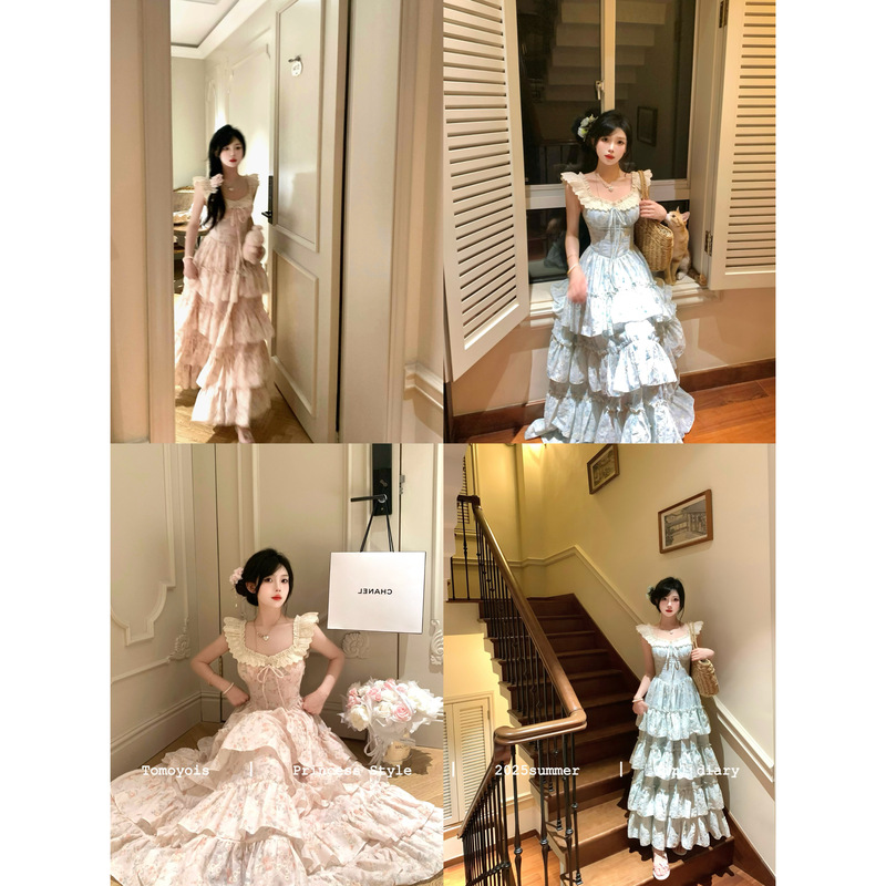 Tomoyois Sakura Floral Feather Exquisite Sweet Little Flutter Sleeve Gentle Floral Waist-Cinching Princess Long Dress