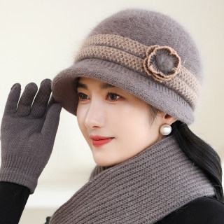 Winter Hats for Middle-Aged and Elderly Women, Grandma's Knitted Rabbit Fur Hat and Scarf Set, Thickened for Warmth and Cold Protection for Mom